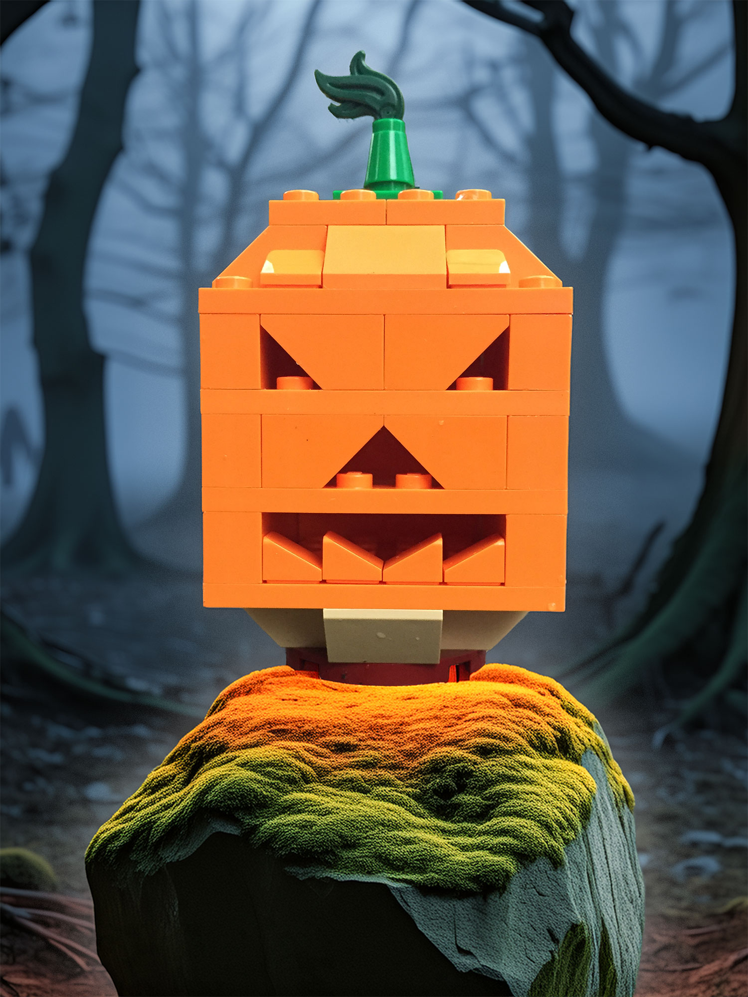 LEGO jack-o’-lantern pumpkin build with expressive face, highlighting creative construction techniques used in Brick by Brick LEGO programs.